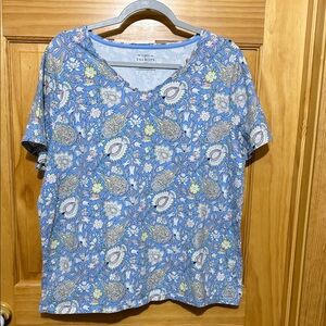 The Talbots Tee Blue, Pink & Yellow Paisley & Floral VNeck Short Sleeve 2X Top